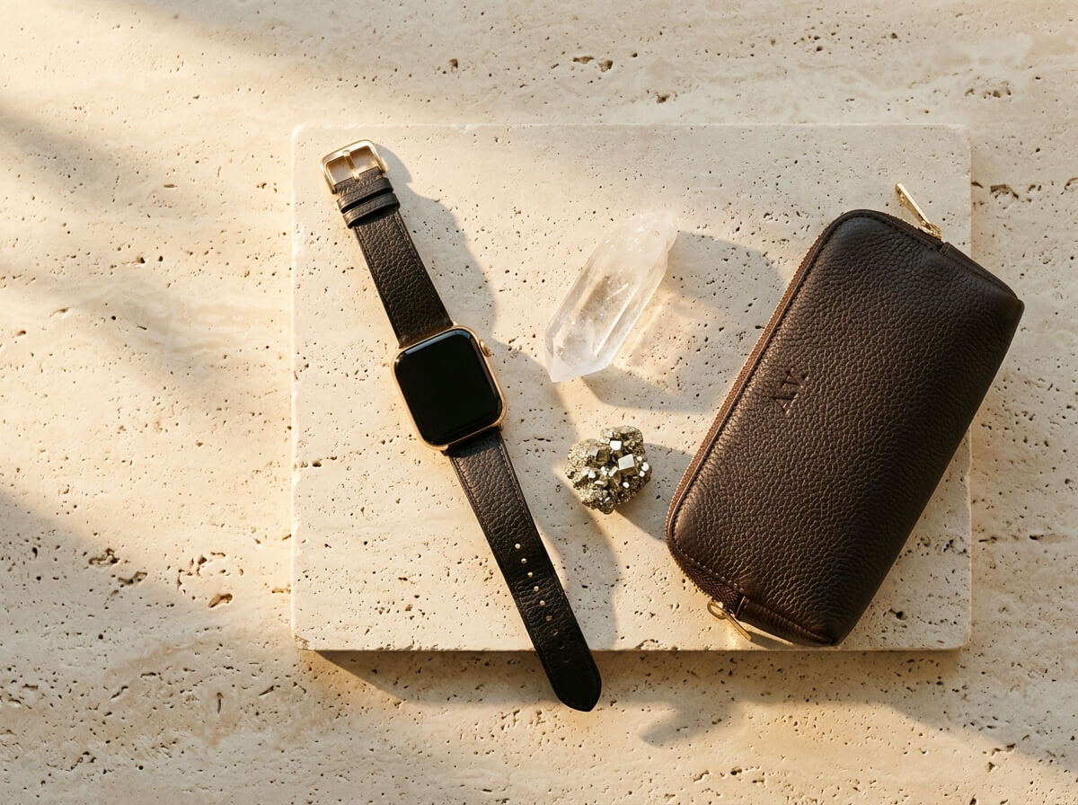 GMP Ventures premium wellness crystals, smart watch, and lifestyle travel accessories flatlay